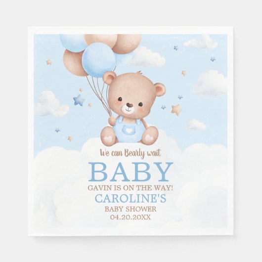Blue Teddy Bear Clouds Balloon Babydusche Serviette (Vorderseite)