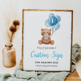 Blue Teddy Bear Custom Table Sign Birthday Poster
