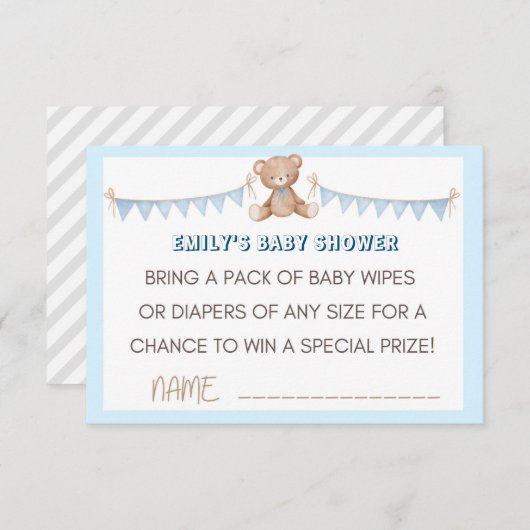Blue Teddy Bear Diaper und Wipes Raffelee Beilage Begleitkarte (Vorne/Hinten)
