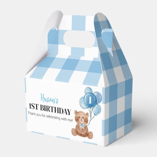 Blue Teddy Bear First Birthday Party Gefälligkeits Geschenkschachtel (Vorderseite)