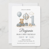 Blue Teddy Bear & Hot Air Ballon Beary First Birne Einladung (Vorderseite)