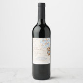 Blue Teddy Bear Hot Air Ballon Boy Baby Dusche Weinetikett (Vorderseite)