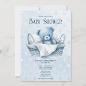 Blue Teddy Bear in Basket Dusche Einladung (Vorderseite)