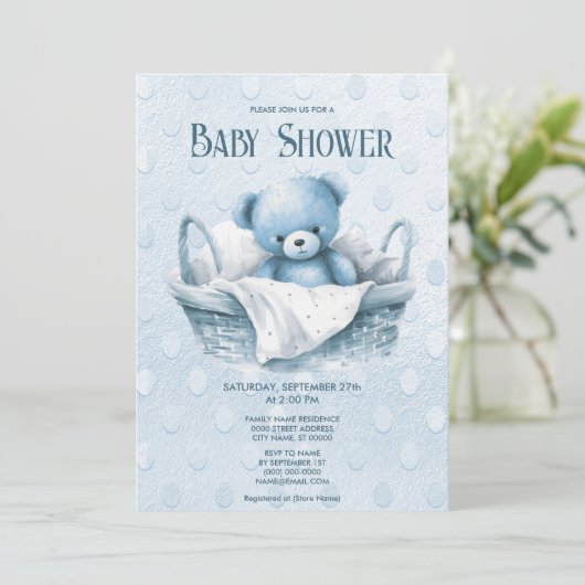 Blue Teddy Bear in Basket Dusche Einladung (Stehend Vorderseite)