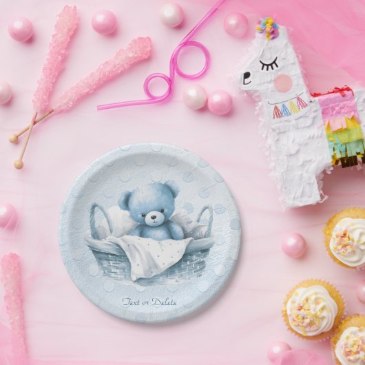 Blue Teddy Bear in Basket Paper Plate Pappteller (Party)
