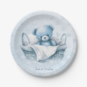 Blue Teddy Bear in Basket Paper Plate Pappteller