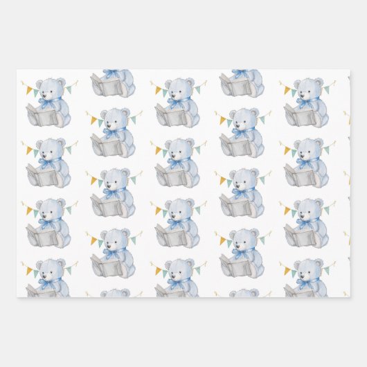 Blue Teddy Bear liest ein Buch Baby Shower Geschenkpapier Set (Vorderseite 3)