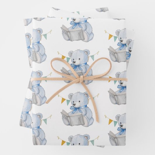 Blue Teddy Bear liest ein Buch Baby Shower Geschenkpapier Set (Beispiel)