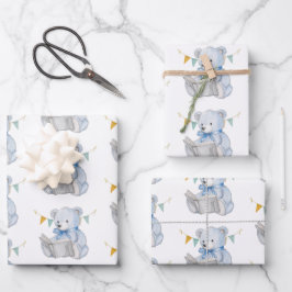 Blue Teddy Bear liest ein Buch Baby Shower Geschenkpapier Set