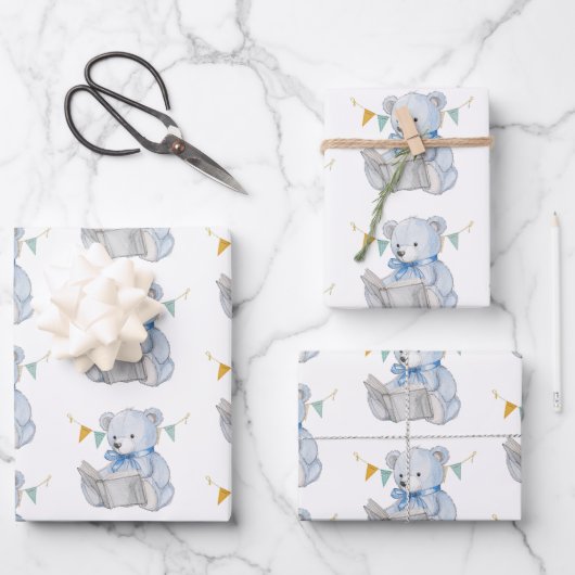 Blue Teddy Bear liest ein Buch Baby Shower Geschenkpapier Set (Vorderseite)