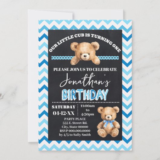 Blue Teddy Bear Little Cub Turning Einladung (Vorderseite)