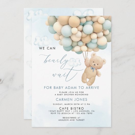 Blue Teddy Bear mit Balloons Baby Dusche Einladung (Vorne/Hinten)