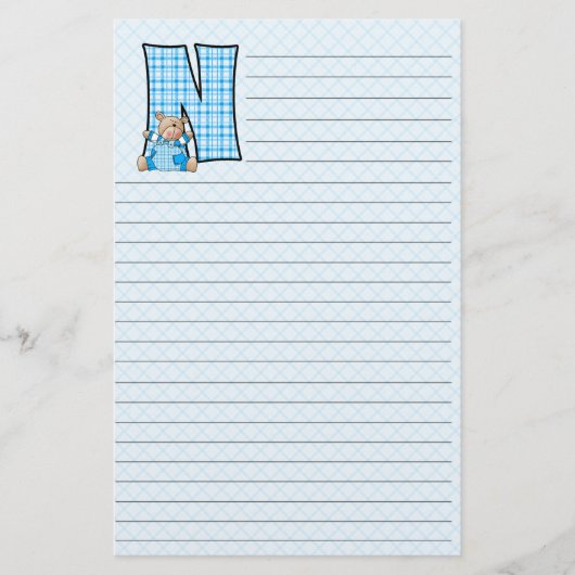 Blue Teddy Bear mit Letter N Kariert Liner Briefpapier (Vorderseite)
