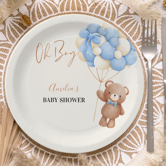 Blue Teddy Bear Oh Boy Balloon Baby Dusche Pappteller