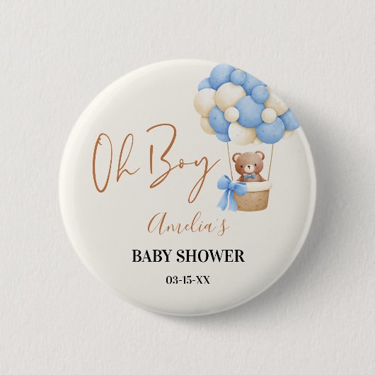 Blue Teddy Bear Oh Boy Balloon Baby Dusche Party Button (Vorderseite)