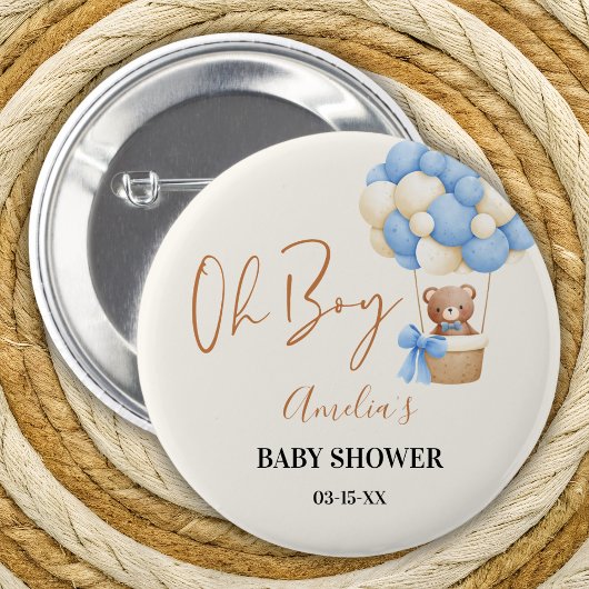 Blue Teddy Bear Oh Boy Balloon Baby Dusche Party Button