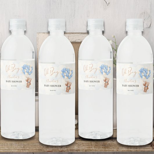 Blue Teddy Bear Oh Boy Balloon Baby Dusche Wasserflaschenetikett
