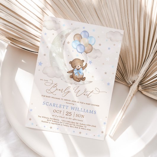 Blue Teddy Bear on Moon mit Balloons Baby Dusche Einladung