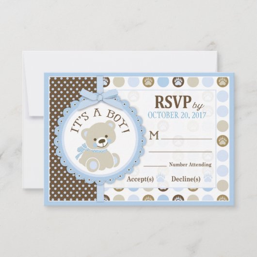Blue Teddy Bear Polk Dots RSVP Card (Vorderseite)