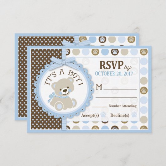 Blue Teddy Bear Polk Dots RSVP Card (Vorne/Hinten)