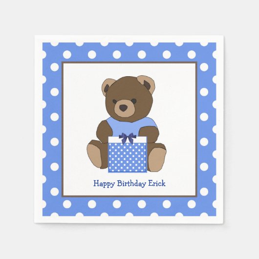 Blue Teddy Bear Polka Geburtstag Napkins Serviette (Vorderseite)