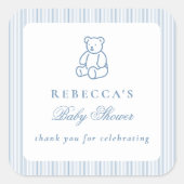 Blue Teddy Bear Preppy Elegante Baby Dusche Quadratischer Aufkleber (Vorderseite)