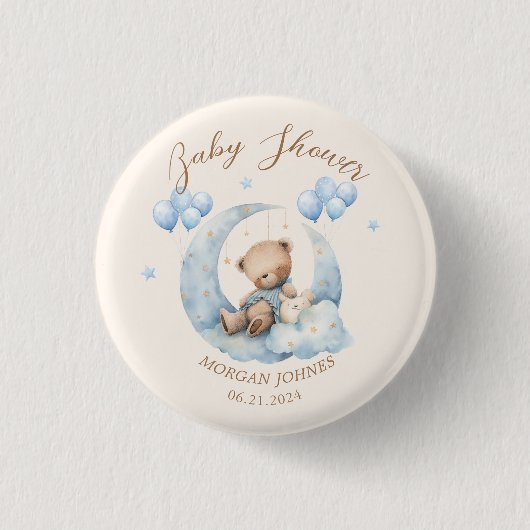 Blue Teddy Bear Stars Baby Dusche Button (Vorderseite)