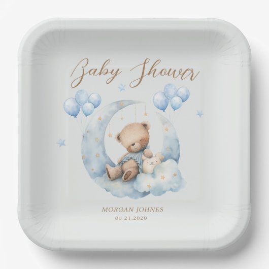 Blue Teddy Bear Stars Baby Dusche Pappteller (Vorderseite)