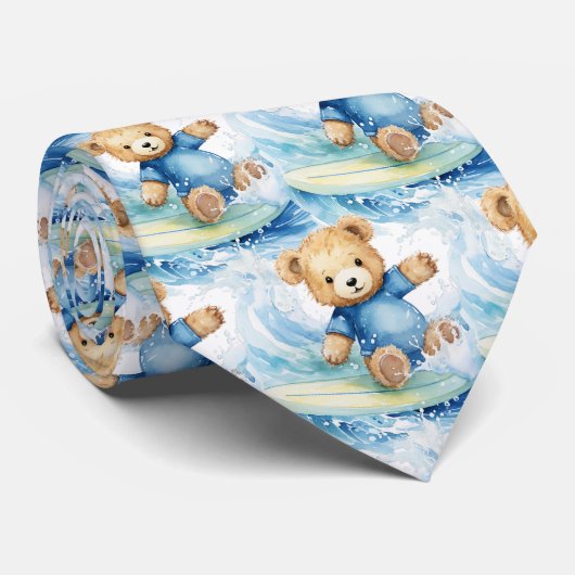 Blue Teddy Bear Surfing Krawatte (Gerollt)