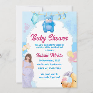 Blue Teddy Bear The a Boy Baby Dusche Einladung