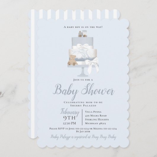 Blue Teddy Bear Train Cake Boy Baby Dusche Einladung (Vorne/Hinten)