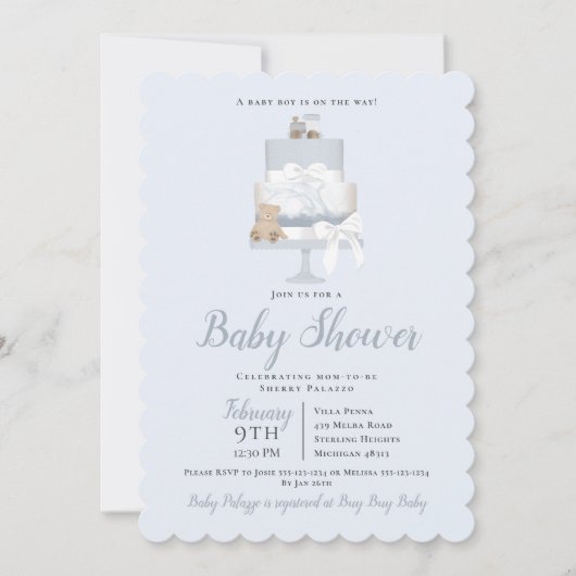 Blue Teddy Bear Train Cake Boy Baby Dusche Einladung (Vorderseite)