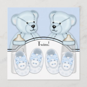 Blue Teddy Bear Twin Boys Baby Shower Einladungen