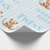 Blue Teddy Bear Twins Typografie Baby Shower Geschenkpapier (Ecke)