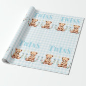 Blue Teddy Bear Twins Typografie Baby Shower Geschenkpapier (Ungerollt)