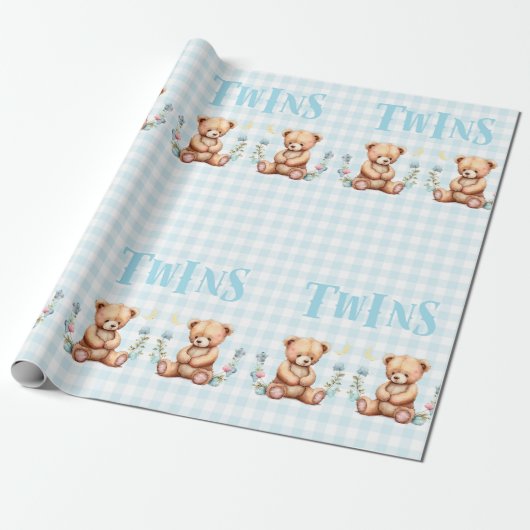 Blue Teddy Bear Twins Typografie Baby Shower Geschenkpapier (Ungerollt)