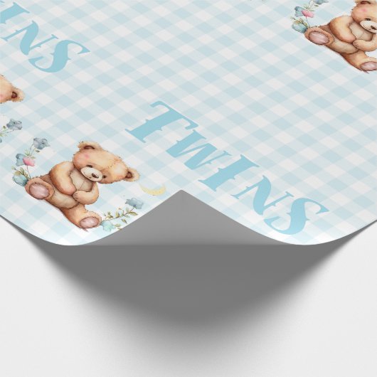 Blue Teddy Bear Twins Typografie Baby Shower Geschenkpapier (Ecke)