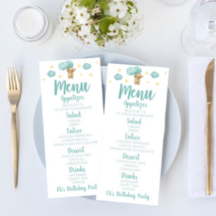 Blue Teddy Bear und Balloons Geburtstagsparty Food Menükarte