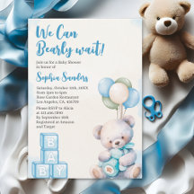 Blue Teddy Bear "We Can Bearly Wait" Baby Shower