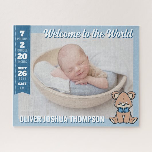 Blue Teddy Bear Welcome to the World Baby Boy Puzzle (Horizontal)