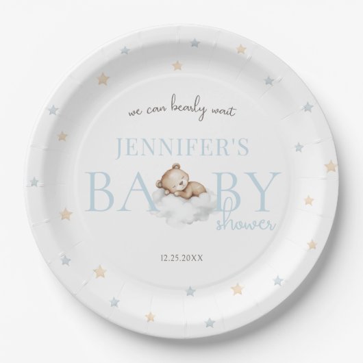 Blue Teddy Bear wir können frühzeitig abwarten Bab Pappteller (Vorderseite)