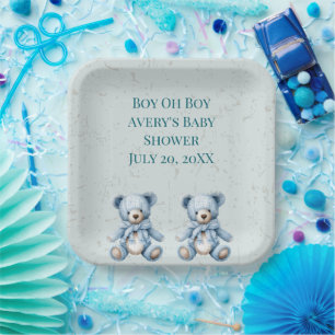 Blue Teddy Bears Twin Baby Dusche Pappteller