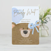 Blue Teddy wir können frühzeitig abwarten Baby Dus Einladung (Stehend Vorderseite)