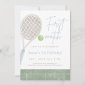 Blue Tennis First Birthday Party Invitation Dankeskarte (Vorderseite)