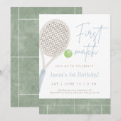 Blue Tennis First Birthday Party Invitation Dankeskarte (Vorne/Hinten)