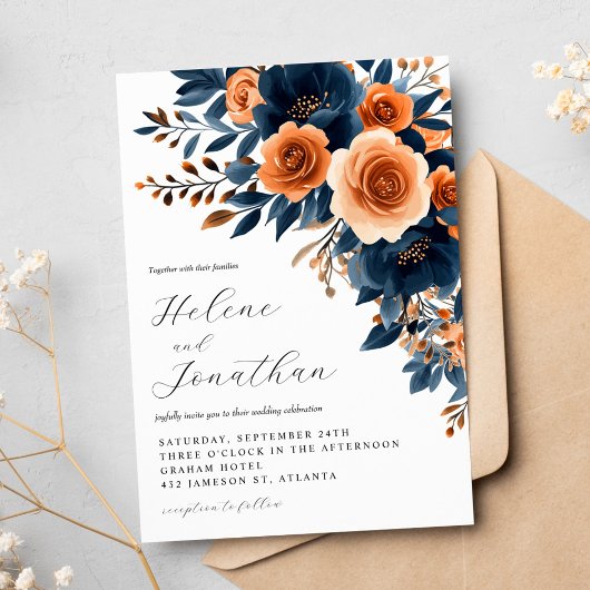 Blue Terracotta Burnt Orange Elegante Wedding Einladung