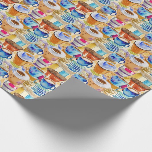 Blue Terracotta Kaffee Caffes Abstrakte Wasserfarb Geschenkpapier (Ecke)