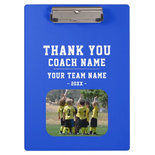 Blue Thank you Coach Team Name Photo Klemmbrett (Vorderseite)