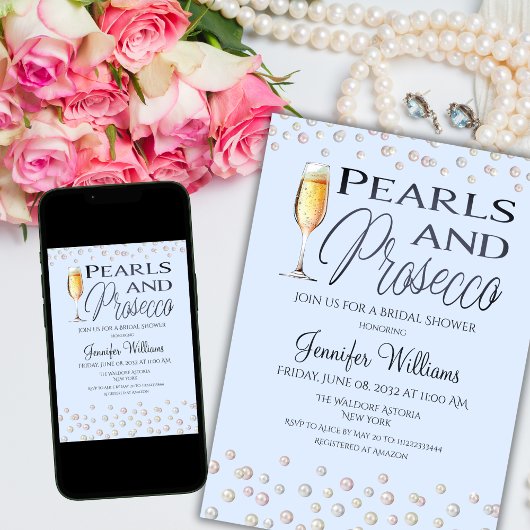 Blue Theme Pearls and Prosecco Brautparty Einladung