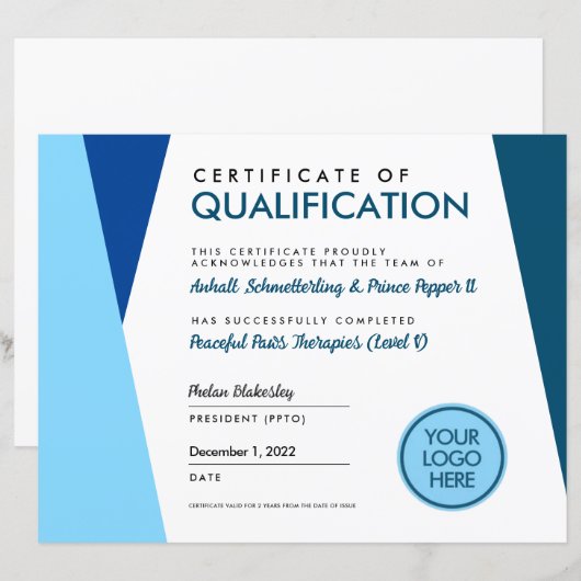 Blue Therapy Animal Graduate Certificate Diploma (Vorne/Hinten)
